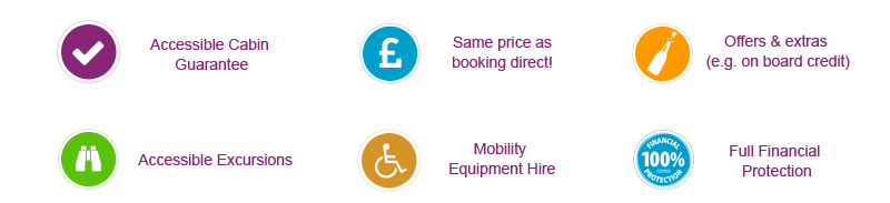 cabines accessibles, même prix que direct, offres & extras, excursions accessibles, location de matériel de mobilité, protection financière
