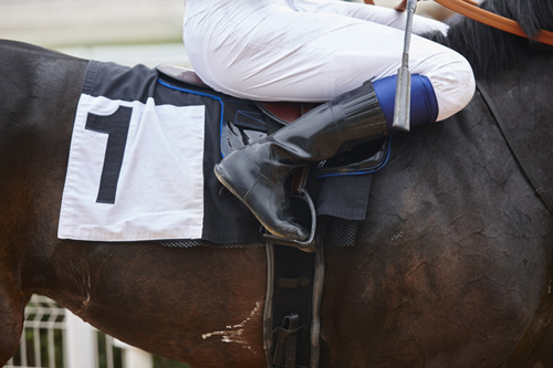 Close up of jockey on horse