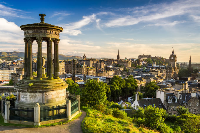 View over Edinburgh cityscape from a monument on Calton Hill