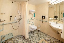 A disabled-friendly bathroom with a wet room in a cruise ship