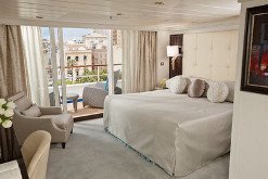 Cruise ship cabin overlooking a city
