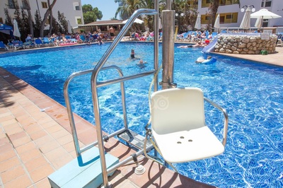 Pool hoist at accessible hotel in Ibiza