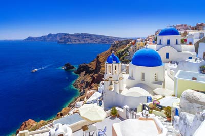 Blue-roofed houses in the Cyclades, Greece