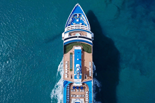 View of a cruise ship deck in the Mediterranean from above