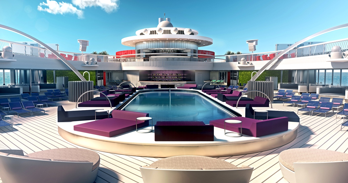 Pool on Virgin Voyages Scarlet Lady disabled-friendly cruise ship