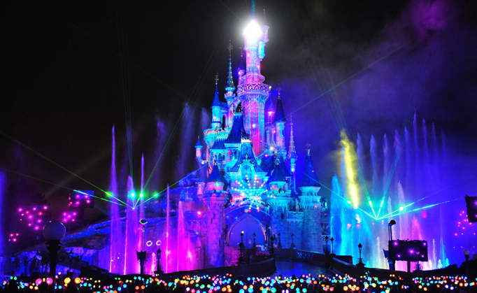 Magical Disneyland Paris hotel illuminated