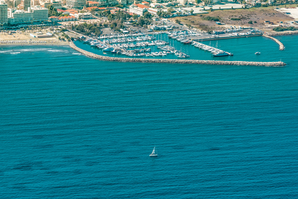Blue sea and boats in Larnaca, Cyprus