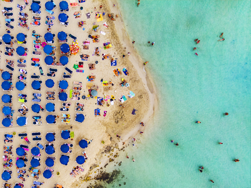 Aerial view of Nissi Beach on a hot day, Cyprus