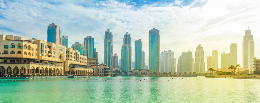 Panorama of buildings in Dubai, including Burj Khalifa and Dubai Mall