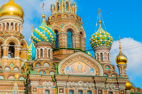 The colourful facade of the Church of the Saviour, St Petersburg, Russia