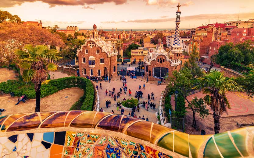 A view over beautiful Barcelona, Spain, from a balcony in Park Güell
