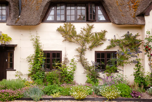 Traditional English cottage with a thatched roof, in southern England