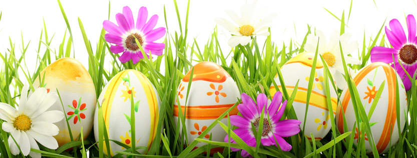 Painted Easter eggs in grass and flowers