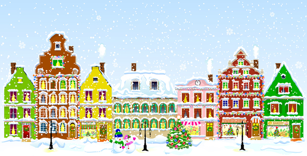 Drawing of houses in a Christmas scene