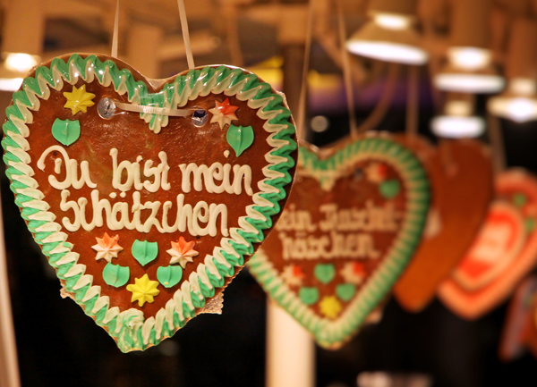 Gingerbread hearts on sale at a disabled-friendly Christmas market in Germany